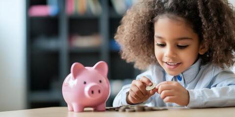 girl with piggy bank; kid putting coin into piggy bank; copy space