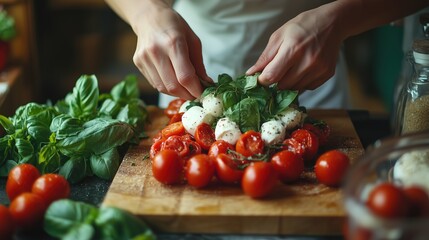 Caprese salad featuring fresh mozzarella, tomatoes, and basil arranged artistically on a plate