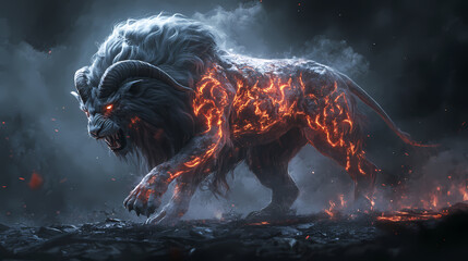 Generative AI, Beastly Chimera with Snake, Lion, and Goat Heads in Fog