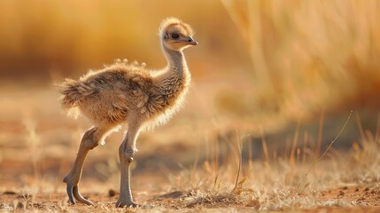 Curious baby ostrich exploring its surroundings with bright, wonder-filled eyes, capturing the essence of innocence and discovery in the early stages of life