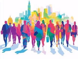 Colorful crowd silhouette with city backdrop