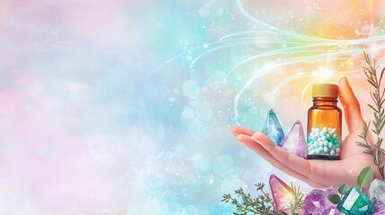 A homeopathy bottle held in a glowing hand