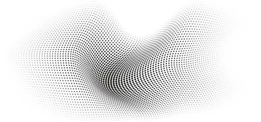 Flowing Wave Dot Halftone Pattern: Curve Gradient Shape on Transparent Background. Suitable for AI, Tech, Network, Digital, Science, and Technology Themes.