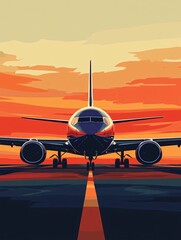 Airplane against sunset sky landscape