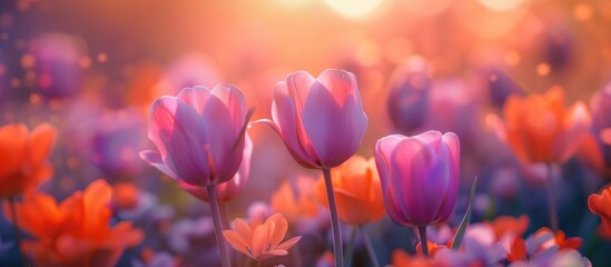 Fototapeta premium Stunning close up view of colorful tulip flowers in a lush garden setting illuminated by warm golden sunlight and a blurred dreamy background