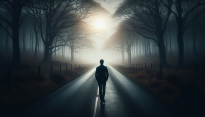 A solitary figure walks on a misty road, surrounded by bare trees