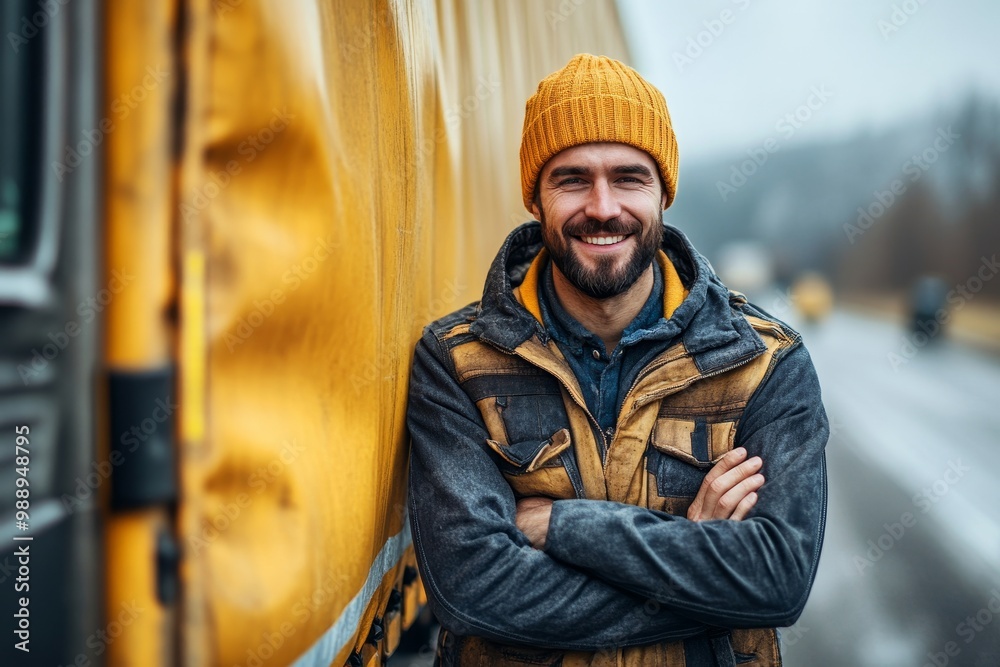 Wall mural happy confident driver standing in front on his truck and looking at camera, generative ai