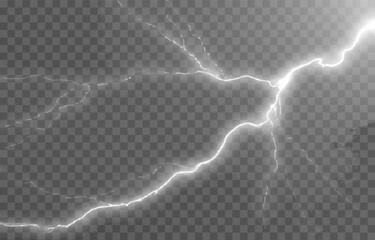 Lightning on an isolated transparent background. Flash of light, lightning png. Thunderstorm, natural phenomenon. Effect lightning png. Vector illustration.