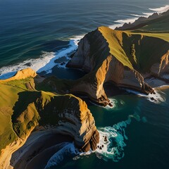 Aerial view of a dramatic coastal landscape at sunrise, where golden rays of light cast long shadows over the cliffs and the ocean sparkles with shades of blue and green