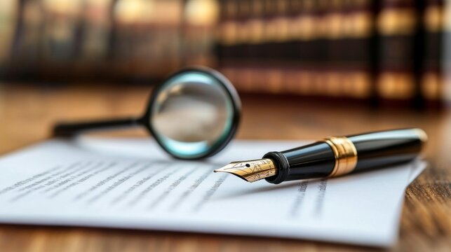 A close-up shot of a signed contract on a wooden desk, with a fountain pen and a magnifying glass, emphasizing the importance of careful review in legal agreements.
