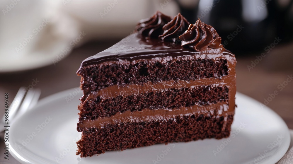 Poster a close-up shot of a slice of rich chocolate cake with a glossy ganache, showcasing the moist textur
