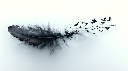 Fototapeta premium A black and white illustration of a delicate feather transforming into a flock of birds soaring away, symbolizing escape and transcendence, detailed textures on the feather and high-contrast birds.