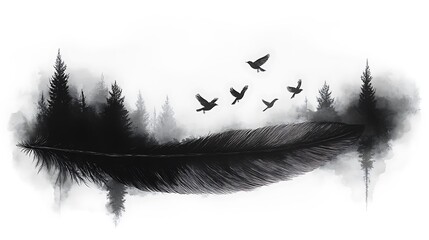 Fototapeta premium A black and white illustration of a feather transforming into birds as they fly upward, detailed feather textures and simple bird outlines, symbolizing transformation and freedom,