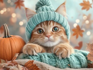 Cute Kitten in a Pumpkin Hat Surrounded by Festive Autumn Decor and Glowing Lanterns, Adorable Cat Photo for Fall