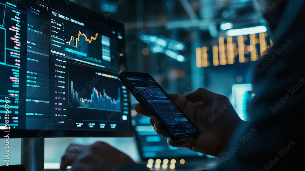 Poster professional trader analyzing financial data on multiple screens during a market session in a modern