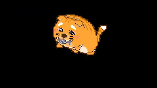 Jumping fluffy 2D cat cartoon in pixel art style. Pixelated stylized isometric animation on transparent background.