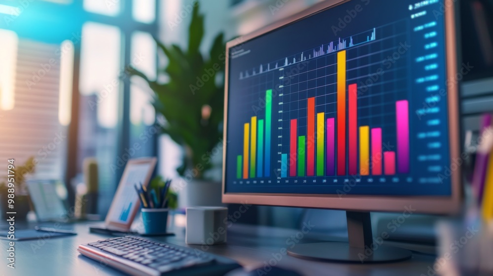 Fototapete A colorful 3D bar chart displayed on a computer screen in a modern office, with a business professional analyzing sales performance data.