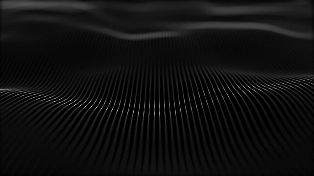 A smooth, abstract black surface with flowing, curved lines resembling waves, creating a modern and futuristic design. Animation 4k, 3d rendering.