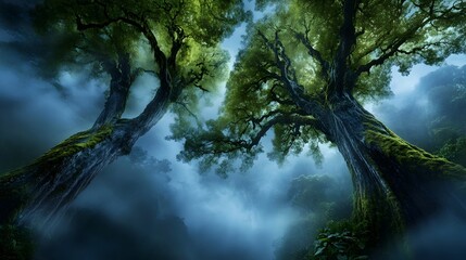 Obraz premium Towering Ancient Rainforest Shrouded in Misty Atmospheric Light