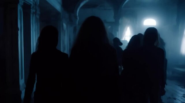 Gruppo di losche e inquietanti figure nere avanza in un vecchio edificio infestato