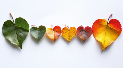 A photograph with heart shaped leaves with different colors.