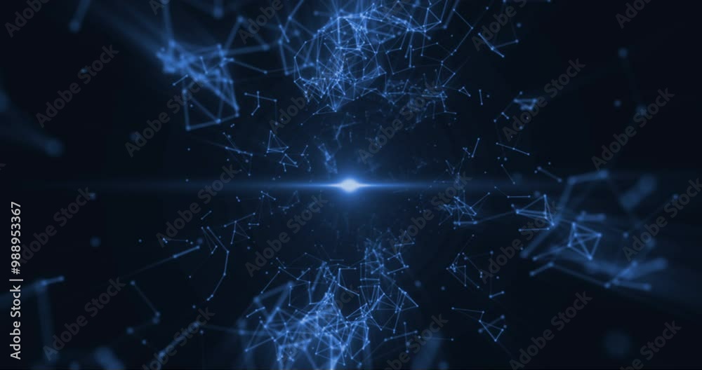 Wall mural blue abstract background with motion plexus of dots and lines, technology with white light that puls