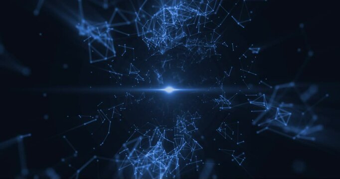 blue abstract background with motion plexus of dots and lines, technology with white light that pulse in center, social networks, communication,business, surface made of triangles, futuristic network