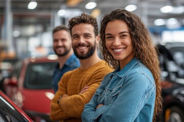 Fototapeta premium Happy multiracial couple looking at new car in showroom, Generative AI