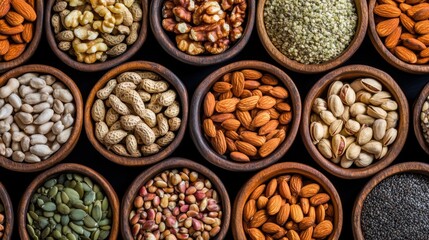 Fototapeta premium A colorful display of assorted nuts and seeds in wooden bowls, highlighting their natural textures and vibrant colors, perfect for healthy snacking.