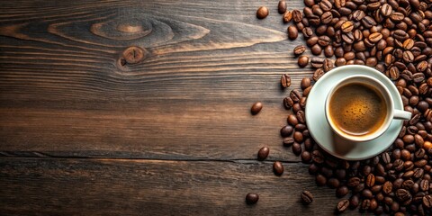 Coffee cup and scattered beans on table with copy space for text