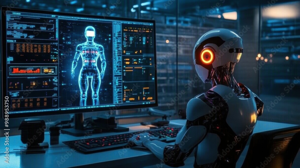 Poster futuristic robot analyzing data on computer screen