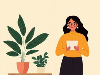 A stylish woman in glasses holds a card while standing next to vibrant houseplants, creating a cheerful and inviting atmosphere.