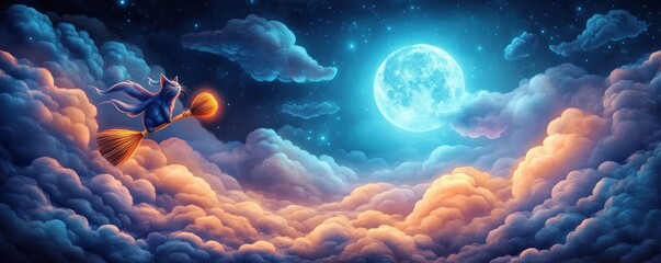 Mystical Black Cat Witch Flying on Broomstick Through Moonlit Sky with Glowing Energy, Halloween Fantasy Art Illustration