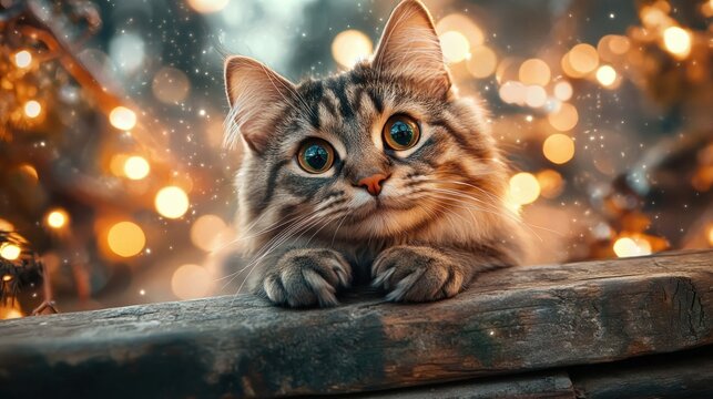 Mystical Black Cat with Glowing Eyes Perched on a Broomstick, Surrounded by Supernatural Energy and Stars, a Symbol of Magic and Witchcraft