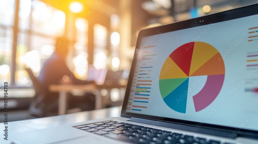 Poster a colorful pie chart displayed on a laptop screen in a modern office setting, with a business profes