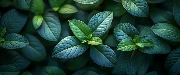 Fototapeta premium Close-up of vibrant green leaves with a natural, lush, and fresh feel.
