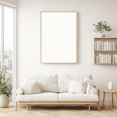 A cozy living room featuring white sofa, blank frame on wall, and natural light streaming in through large windows. space is elegantly styled with plants and wooden furniture, creating serene atmosphe