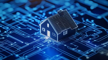 Glowing Blueprint of Smart Home Tech, Sketch a 3D blueprint-style digital home, where circuits connect each room to a central energy hub, representing efficient power and smart device connectivity.