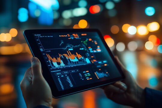 Person analyzing financial data on a tablet at night in a bustling city, illuminated by colorful lights and reflections from wet surfaces