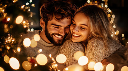 Cozy couple embracing amidst festive lights, radiating warmth and joy. Their smiles reflect magic of season, creating heartwarming atmosphere filled with love