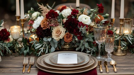 A romantic fall wedding with rich burgundy, burnt orange, and gold tones, with deep floral centerpieces, velvet tablecloths, and glowing candlelight.