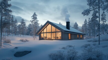 A cozy Nordic-style cabin nestled in a snowy landscape, featuring large windows and a traditional wood-burning stove, capturing the essence of winter warmth