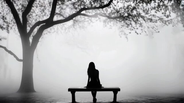 woman sitting on bench in park early autumn morning
