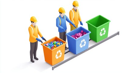 Workers on a conveyor belt sorting recyclables into colorful bins at a bustling facility