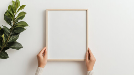 A person holds blank wooden frame against light background, accompanied by green plant. This image conveys sense of creativity and potential for personalization