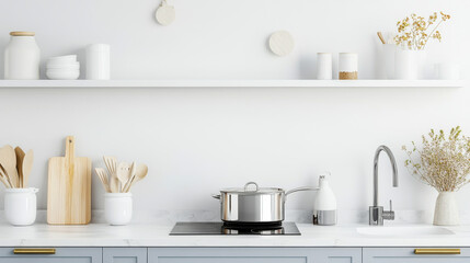 A modern kitchen featuring sleek design with stainless steel pot on stove, wooden utensils, and decorative elements on shelves. clean lines and neutral colors create calming atmosphere