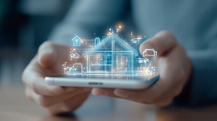 image depicts person holding smartphone with holographic representation of house, symbolizing modern technology and real estate. This innovative concept showcases integration of digital tools in home