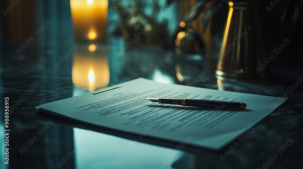 Poster a creative shot of a contract being signed with a fountain pen on a marble table, with soft lighting