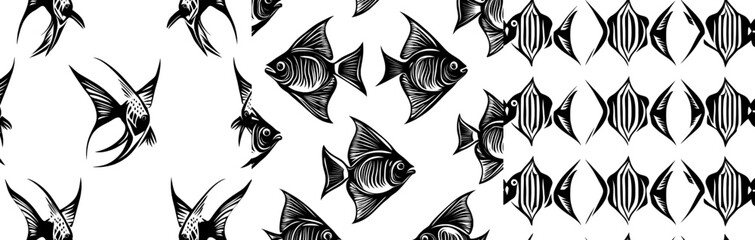 A seamless pattern of hand drawn angel fish silhouettes isolated on white