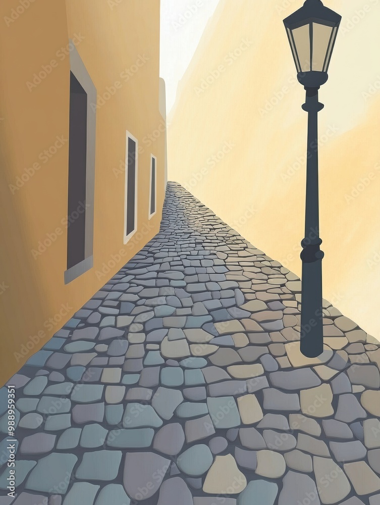 Poster Stylized Street Scene with Cobblestones and Lantern